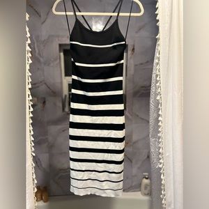 Fashion Nova Black & White Striped Body Con Midi Dress